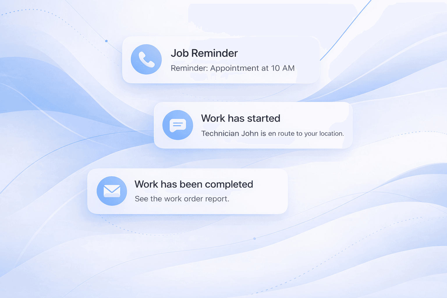 AI Notifications preview showing automated communication and update flows for field service work